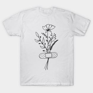 Floral Botanical Line Art Minimal | Black and White Design T-Shirt